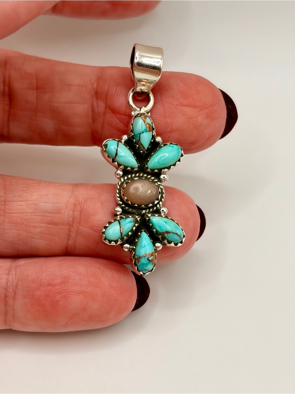 925 Sterling Silver Mint Dahlia & Chocolate Moonstone Pendant